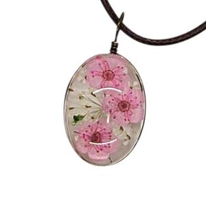 Dried Flower Pendant Necklace On Cord Pink